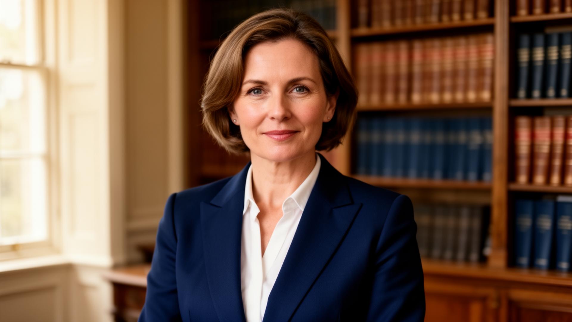 A senior UK legal professional in a navy suit standing in a law office library